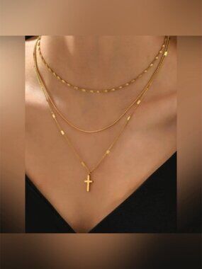 18k Gold Plated Layered Cross Chain Necklace